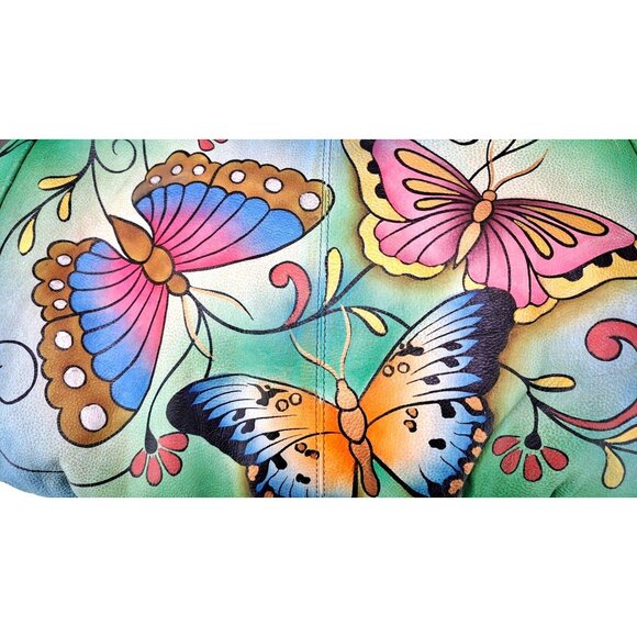 Anuschka Purse Leather Shoulder Bag Large Satchel Hobo Butterfly Floral Green - Picture 11 of 15